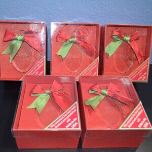 5 Glass Christmas Ornaments, Beveled Edges, Etched – Satin Bow and Boxed